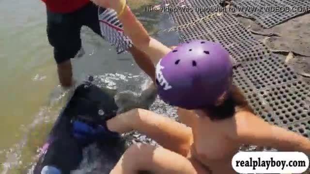 Curvy badass babes try out wake boarding