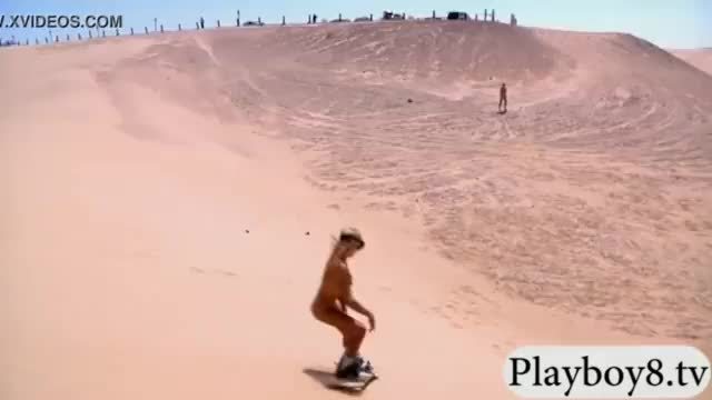 Badass playmates sandboarding and fishing while all naked