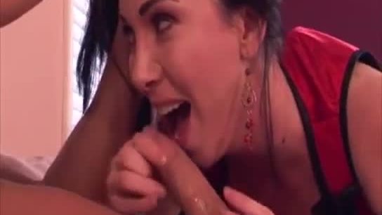 Sexy brunette mom seduces her stepson by sucking his dick