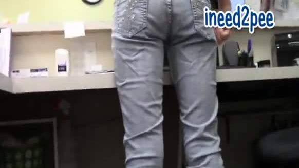 Star nine full bladder peeing her pants tight jeans